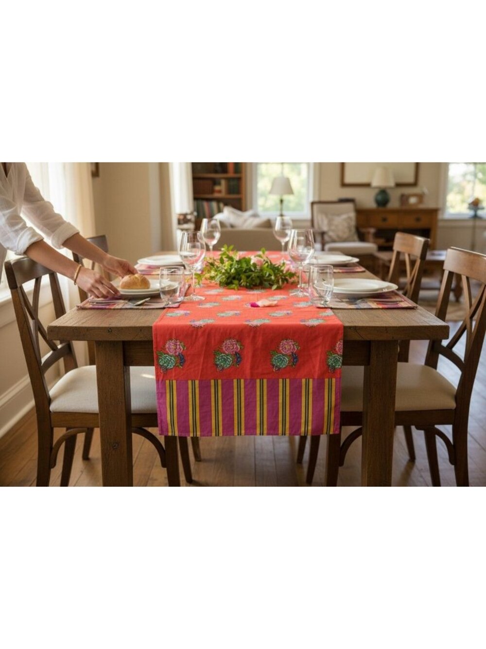 Lisa Corti Handcrafted Floral Cotton Table Runner with Striped Border - Orange &